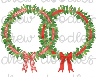 Watercolor Solid and Gingham Red Ribbon Christmas Wreaths- Digital Clip Art Set- Instant Download