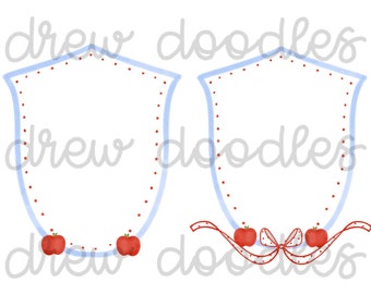 May include: Two blue and white shields with red polka dots. Each shield has three red apples at the bottom. The shield on the right has a white polka dot bow.