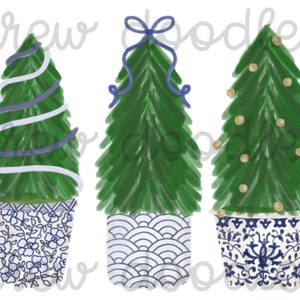 Aquarel chinoiserie kerstbomen - digitale illustratiesset - direct downloaden