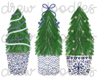 Watercolor Chinoiserie Christmas Trees- Digital Clip Art Set- Instant Download