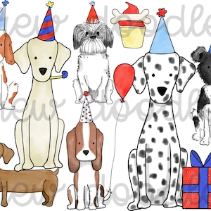 Conjunto de imágenes prediseñadas digitales de perros de fiesta de acuarela - Descarga instantánea
