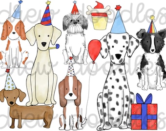 Watercolor Primary Party Dogs Digital Clip Art Set- Instant Download