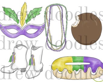 May include: A set of Mardi Gras themed illustrations featuring a purple, green, and gold beaded necklace, a purple mask with green feathers, a white boot with green and purple tassels, a chocolate-covered donut with purple, green, and yellow icing, and a chocolate-covered cookie with a bite taken out.