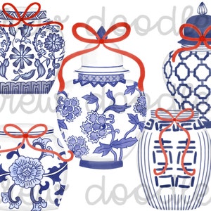 Aquarel chinoiserie gemberpotjes met rode strikken-digitale clip art set-instant download