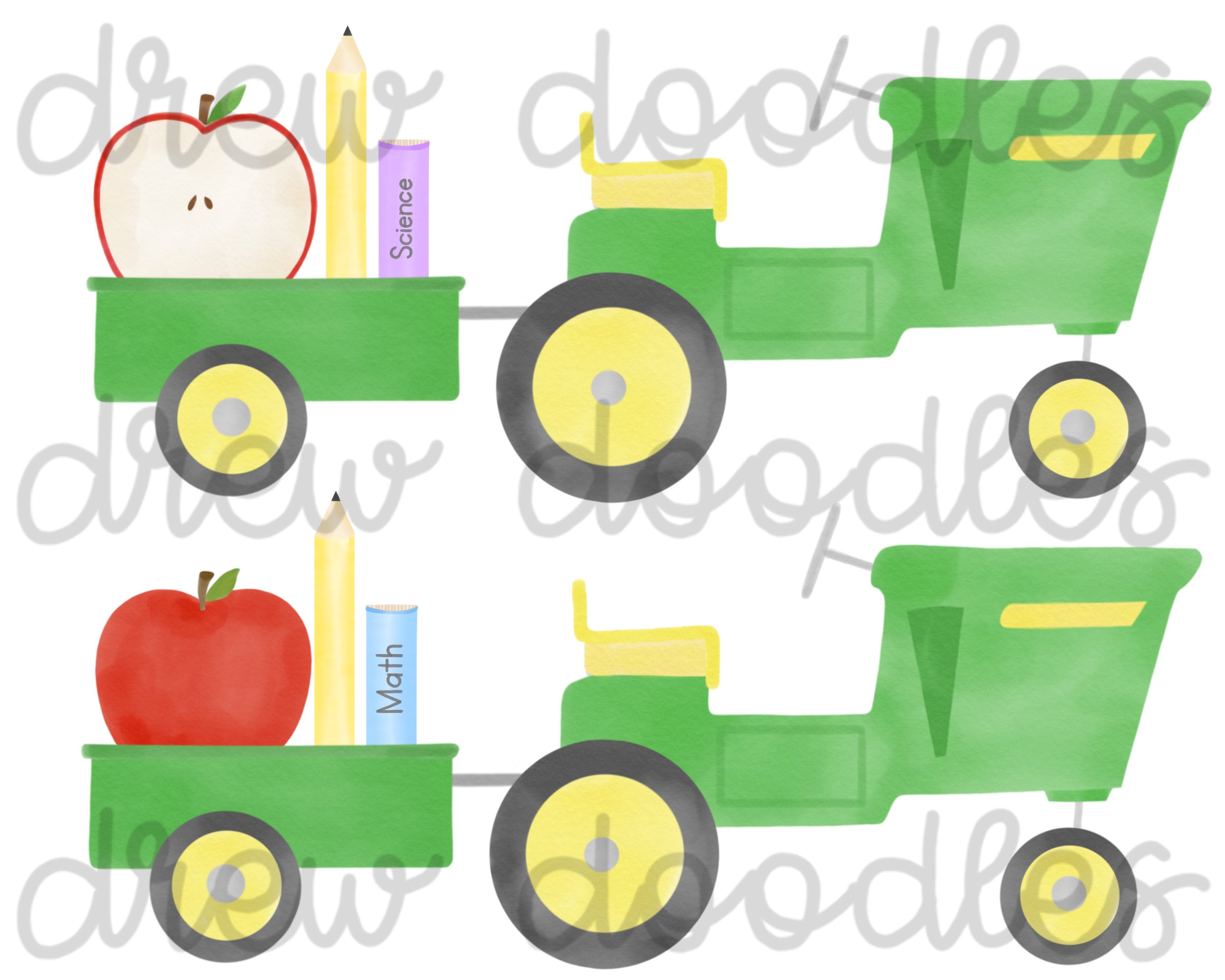 Watercolor Back to School Tractor Digital Clip Art Set- Instant Download