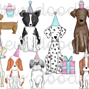 Aquarel roze en turkoois verjaardagsfeestje honden digitale Clip Art Set-Instant Download