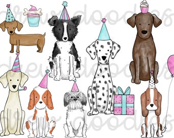 Watercolor Pink and Turquoise Party Dogs Digital Clip Art Set- Instant Download