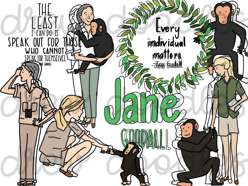 Jane Goodall Digital Clip Art Set- Color and Black Line COMBO- Instant Download