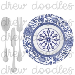 Watercolor Chinoiserie Place Setting- Digital Clip Art Set- Instant Download