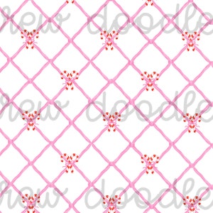 May include: Watercolor pattern featuring a grid of pink ribbons and heart-shaped candy canes with red and white stripes. The design is repeated across a white background. The text "drew doodles" is watermarked across the image.