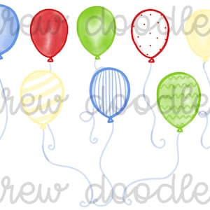 Conjunto de imágenes prediseñadas digitales de globos de cumpleaños con estampados primarios de acuarela: descarga instantánea