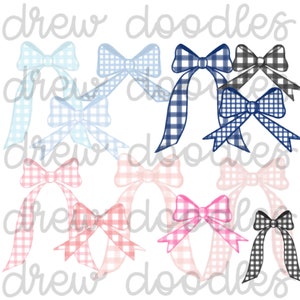 Watercolor Gingham Bows Ribbons Digital Clip Art Set- Instant Download