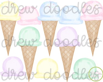 Watercolor Pastel Ice Cream Cones Digital Clip Art Set- Instant Download