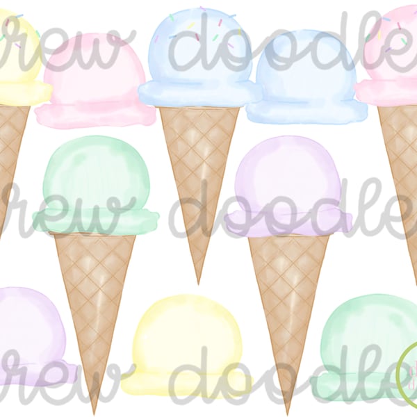 Watercolor Pastel Ice Cream Cones Digital Clip Art Set- Instant Download