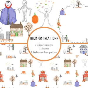 May include: A digital collection titled TRICK-OR-TREAT TOWN featuring 7 Halloween-themed clipart images, 1 circular frame, and a seamless pattern. Illustrations include a green monster, vampire, mummy, skeleton, ghost, pumpkin, and houses.