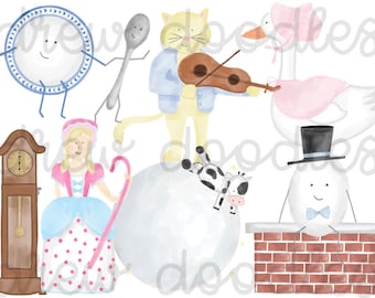 May include: A set of watercolor illustrations featuring a clock, a plate, a spoon, a cat playing a violin, a goose, a snowman, a girl in a pink dress, and a cow. The illustrations are in a whimsical style and are perfect for a nursery or children's room.