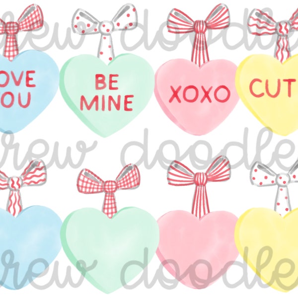 Watercolor Valentine's Day Conversation Hearts with Bows Digital Clip Art Set- Instant Download