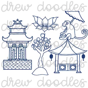 Aquarel chinoiserie met witte vulling - digitale illustratiesset - direct downloaden