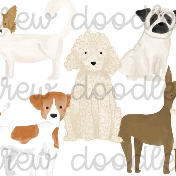 Watercolor Dogs- Golden Doodle, Pug Digital Clip Art Set- Instant Download