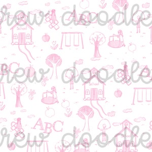 May include: A pink and white seamless pattern featuring a schoolhouse, swings, trees, apples, clouds, and the letters ABC. The pattern is perfect for a child's room or nursery.
