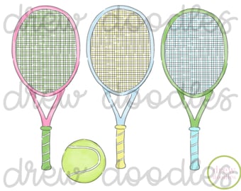 Watercolor Tennis with Outline Digital Clip Art Set- Instant Download