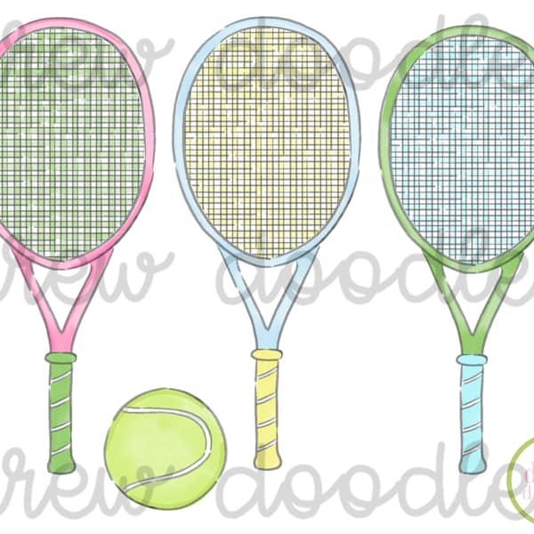 Watercolor Tennis with Outline Digital Clip Art Set- Instant Download