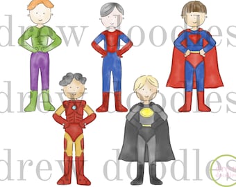 Puede incluir: Cinco superhéroes de dibujos animados con diferentes trajes. Los superhéroes llevan trajes rojos, azules, verdes, negros y amarillos. Todos están de pie con las manos en las caderas.