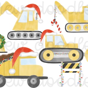 May include: A set of five watercolor illustrations of construction vehicles decorated for Christmas. The vehicles include a yellow excavator, a yellow bulldozer, a yellow dump truck, a yellow crane, and a yellow construction barrier. Each vehicle has a red Santa hat and is decorated with Christmas lights and a candy cane.