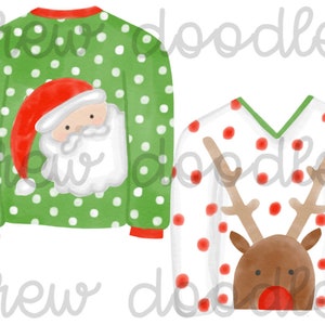 May include: Two Christmas sweaters with a white background. The first sweater is green with white polka dots and a Santa Claus face in the center. The second sweater is white with red polka dots and a reindeer face in the center.