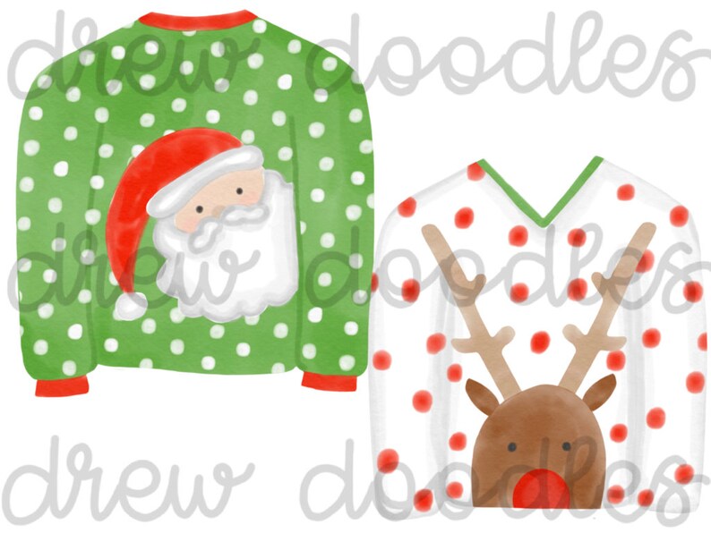 May include: Two Christmas sweaters with a white background. The first sweater is green with white polka dots and a Santa Claus face in the center. The second sweater is white with red polka dots and a reindeer face in the center.