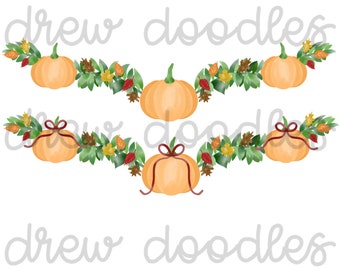 Watercolor Fall Autumn Leaves and Bow Pumpkin Garlands Digital Clip Art Set- Instant Download