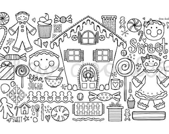 May include: Black and white line art illustration of a gingerbread house with gingerbread people, candy canes, and other holiday treats. The text "Sweet" is written in a whimsical font.