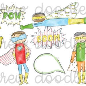 Conjunto de clipart digital de super-heróis em aquarela - download instantâneo