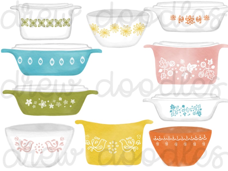 Watercolor Vintage Pyrex Digital Clip Art Set Instant | Etsy