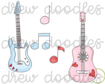 Watercolor Valentine's Day Guitars Music Digital Clip Art Set- Instant Download