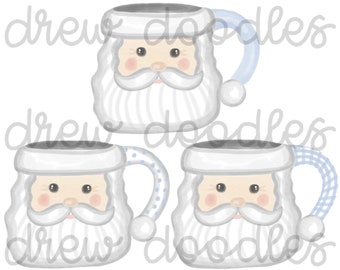 Tazas de acuarela vintage azul claro de Papá Noel - Conjunto de imágenes prediseñadas digitales - Descarga instantánea