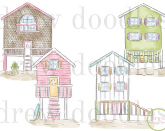 Watercolor Beach Houses Digital Clip Art Set- Instant Download