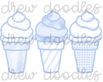 Watercolor Blue Gingham Bitty Dot Ice Cream Soft Serve Digital Clip Art Set- Instant Download