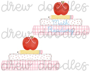 Watercolor Pink Gingham Girls&#39; School Books Digital Clip Art Set- Instant Download