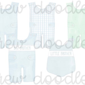 May include: Four blue and green baby onesies with the text "Big Brother" and "Little Brother" printed on two of them. The onesies are a watercolor style.