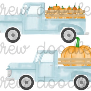 Watercolor Blue Trucks with Pumpkins Digital Clip Art Set- Instant Download
