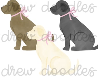 Watercolor Pink Bow Collar Labrador Dog- Digital Clip Art Set- Instant Download