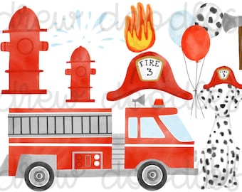 Watercolor Fire Station Digital Clip Art Set- Instant Download