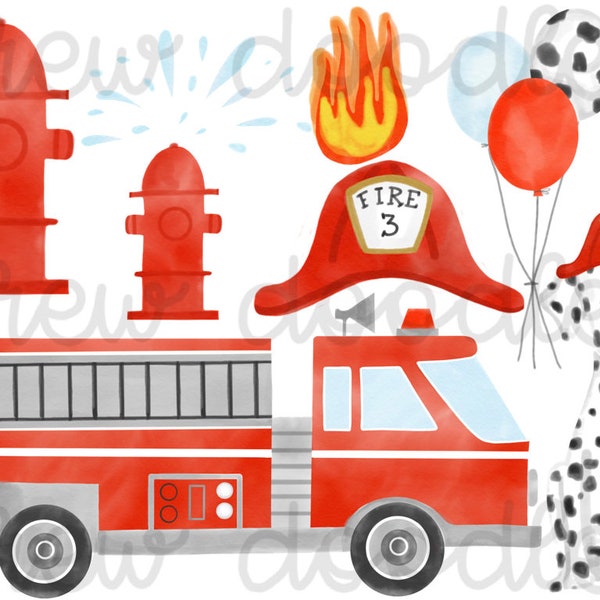 Watercolor Fire Station Digital Clip Art Set- Instant Download