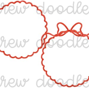 May include: Two red scalloped circles with a red ribbon bow connecting them. The circles are blank and can be used for crafting or decorating.