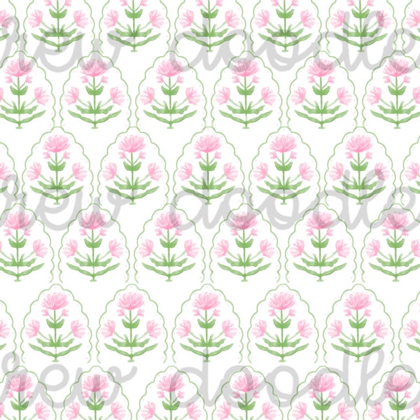 Watercolor Pink and Green Floral Print Pattern Digital Papers Backgrounds 4x6 and 5x7- Instant Download