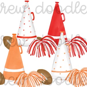 Watercolor Red Orange Cheerleading Pom Pom Megaphone Digital Clip Art Set- Instant Download