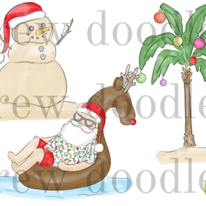 Acquerello Nautico Spiaggia Tropicale Babbo Natale Natale- Set di Clip Art Digitale- Download Immediato