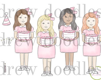 May include: Four girls in pink dresses with white collars and pink bows in their hair are holding white cakes with pink frosting. Each girl has a different hair color: brown, blonde, brown, and red.