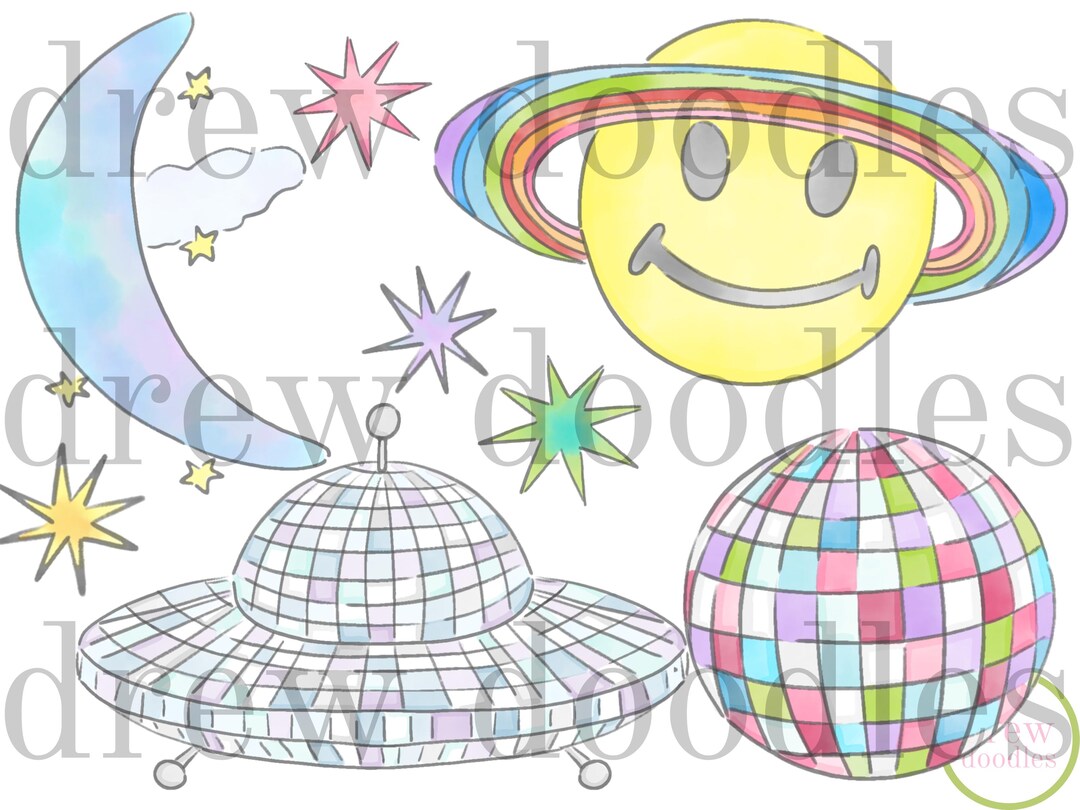 Watercolor Groovy Outer Space Disco Ball Clip Art Set- Instant Download ...